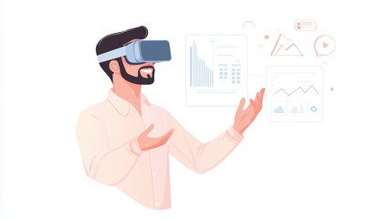 Poster - Young man with virtual reality headset exploring digital graphs and analytics.