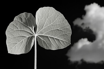 High contrast black and white closeup of delicate leaf structure and cloud in background highlighting organic patterns and texture in nature for science and art concepts