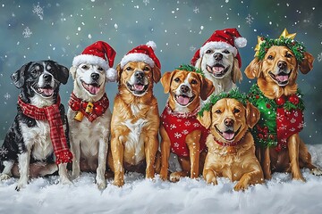 Banner of dogs celebrating Christmas, joyfully posing in festive attire.