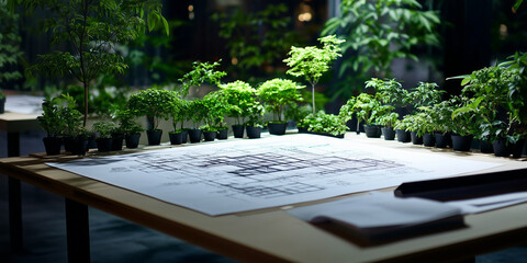 Wall Mural - a sprawling architectural blueprint rests on a table surrounded by small potted trees and leaves, vi