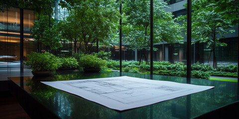 Wall Mural - a large construction blueprint spread on a table, framed by lush greenery and small potted shrubs, s