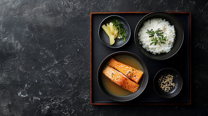 Traditional Japanese Breakfast with Salmon, Rice, and Pickled Vegetables