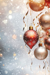 Christmas balls and ribbons on a blue background.