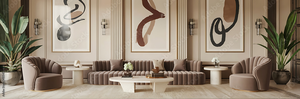 Beige and brown living room with modern furniture and abstract art a ...
