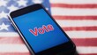 © Infusorian - Mobile phone displaying vote message on American flag background during the election period