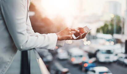 Poster - Business woman with phone, notebook and schedule at desk with calendar app and daily agenda at corporate agency. Professional female person writing in diary, check mobile and planning tasks in office