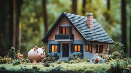 A miniature house with a piggy bank, symbolizing savings and financial planning.