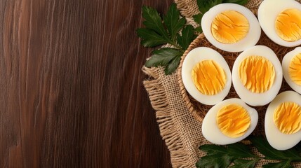 A rustic basket holds several eggs, one cut in half to expose its vibrant yolk, set against a wooden table with green leaves