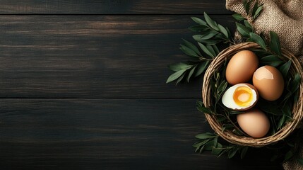 A rustic basket holds several eggs, one cut in half to expose its vibrant yolk, set against a wooden table with green leaves