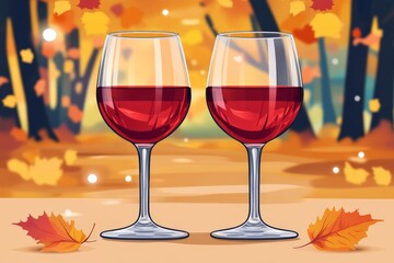 Illustration of two glasses of red wine on a fall themed table with colorful autumn leaves symbolizing celebration and romance in the season of harvest