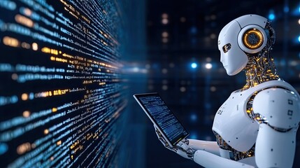 Poster - A white humanoid robot examines programming code on a computer screen, set against a deep blue backdrop, highlighting futuristic innovation