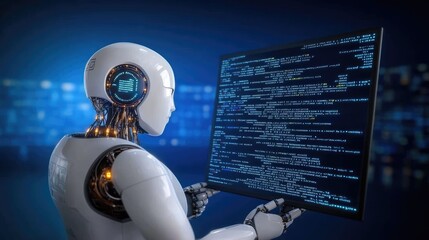 Poster - A white humanoid robot examines programming code on a computer screen, set against a deep blue backdrop, highlighting futuristic innovation
