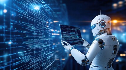 Poster - A white humanoid robot examines programming code on a computer screen, set against a deep blue backdrop, highlighting futuristic innovation