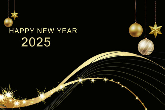 happy new year 2025 gold wave design element with stars and black background