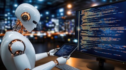 Poster - A white humanoid robot examines programming code on a computer screen, set against a deep blue backdrop, highlighting futuristic innovation