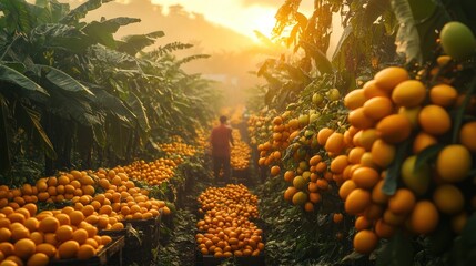 A man walks through a field of ripe oranges, the sun setting in the distance.