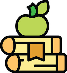 Poster - This colorful vector illustration features a green apple sitting on a stack of books, representing the pursuit of knowledge and education