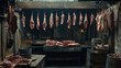 © wisnuromad art - A rustic butcher shop displaying various cuts of meat hanging and on wooden surfaces.