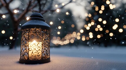 A cozy lantern glows softly on the snow-covered ground, surrounded by falling snowflakes and sparkling lights in the distance, creating a festive winter atmosphere