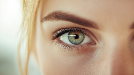 Close-up of a woman's green eye with detailed focus on the iris and eyelashes, AI