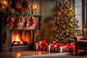 Christmas living room interior with Christmas tree and presents