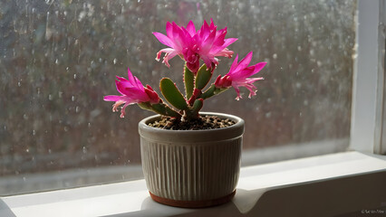 Wall Mural - christmas cactus blooming by the window (schlumbergera) generative ai