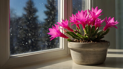 Wall Mural - christmas cactus blooming by the window (schlumbergera) generative ai