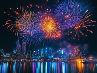 Vibrant fireworks display over a illuminated cityscape, reflecting brilliantly on the water, creating a festive and colorful night scene.