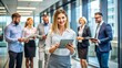 © Liana - Confident businesswoman holding a tablet in a modern office hallway with colleagues in the background, symbolizing teamwork and leadership. The image reflects a collaborative and professional corporat