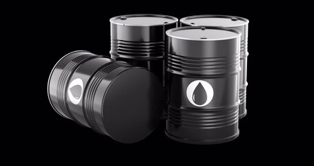 Poster - oil barrels, rotation animation, seamlessly loopable. 3d rendering isolated on transparent backgroun