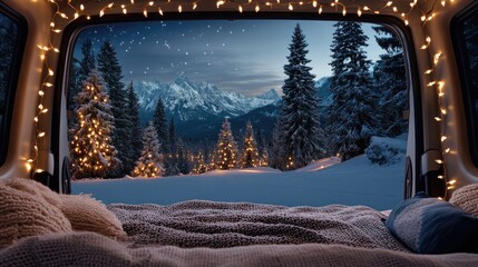 Fototapete - A comfortable bed inside a van offers a beautiful view of lush green trees and foliage in a tranquil forest setting, illuminated by soft morning light