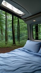 Aufkleber - A comfortable bed inside a van offers a beautiful view of lush green trees and foliage in a tranquil forest setting, illuminated by soft morning light