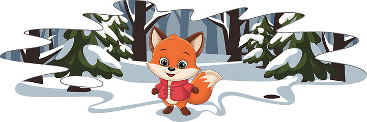 Cute orange fox in red jacket standing in snowy winter forest   Winter wonderland illustration for children s book   