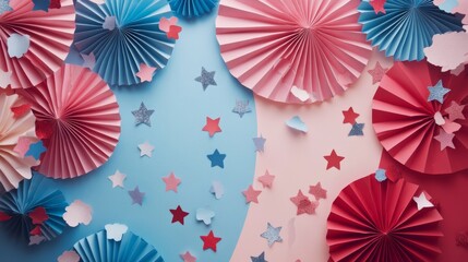 Colorful Decorative Paper Fans and Stars on a Blue and Pink Background