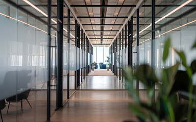 Modern office hallway with glass walls and green plants  minimalist design  contemporary workspace   