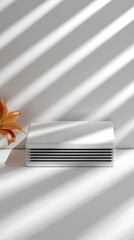 Sticker - A close view of a sleek air conditioner mounted on the wall of a contemporary apartment, enhancing comfort during the evening