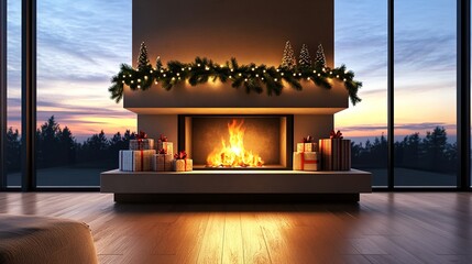 Cozy fireplace with Christmas decorations and scenic view