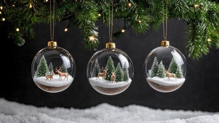 Five beautifully crafted glass ornaments display serene winter scenes with reindeer and snow-covered trees, creating a charming holiday atmosphere