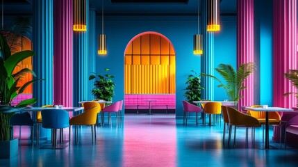 A modern take on retro aesthetics, Vibrant Neon Diner with Chrome Details