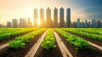 Urban Oasis: Community Garden Amid High-Rise Buildings - Concept of Sustainable Urban Agriculture and Green Spaces in City Life