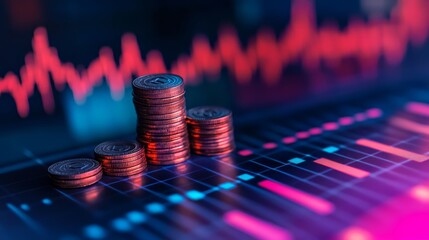Poster - Financial Growth: Stacks of coins ascend against a backdrop of a vibrant, dynamic stock market graph, symbolizing investment success and financial prosperity.
