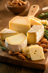 A beautifully arranged gourmet cheese board showcases assorted cheeses and almonds on a rustic wooden table