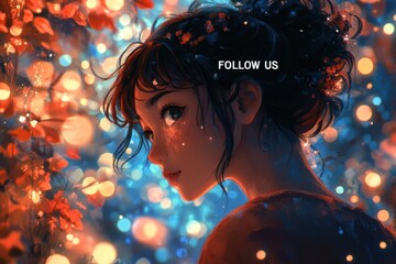 Anime girl with a red shirt looking at a tree with lights, text follow us