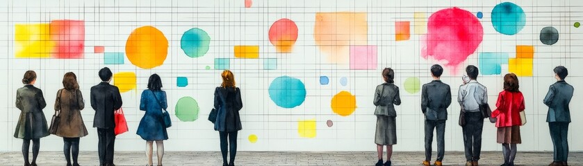 Employees Observing a Colorful Watercolor Scene