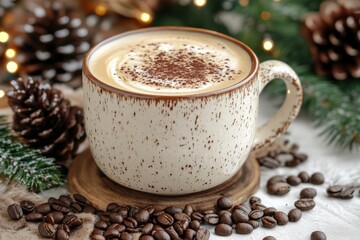 coffee shop ambiance, cappuccino in a mug on a coffee table with beans and holiday decorations