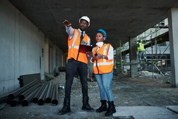 Poster - construction site, architecture and black people with clipboard for teamwork, maintenance or contrac