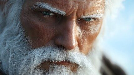 A close up of a man with white hair and beard