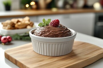 holiday dessert presentation, decadent chocolate pudding in a modern kitchen with holiday decor, wood board, and space for text