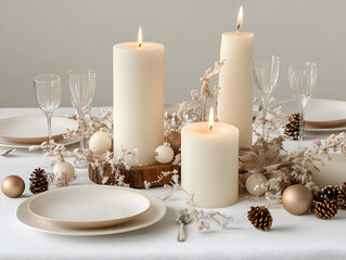 A beautifully set table with three burning candles, white plates, and gold and white ornaments.