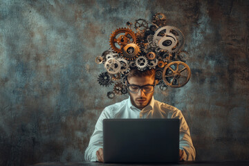 A man with gears on his head working on a laptop.